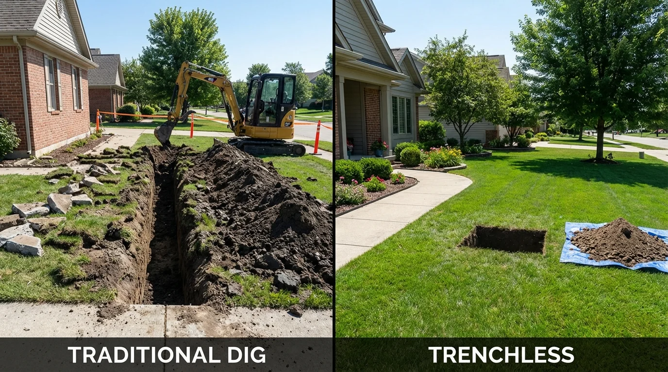 Trenchless sewer repair with minimal yard damage versus traditional excavation in Olivet, MI